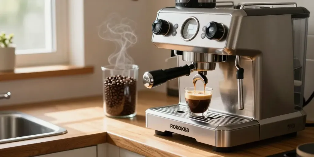 Brewing espresso with ROKOK88 espresso machine in a modern kitchen setting, highlighting rokok88 apk use.