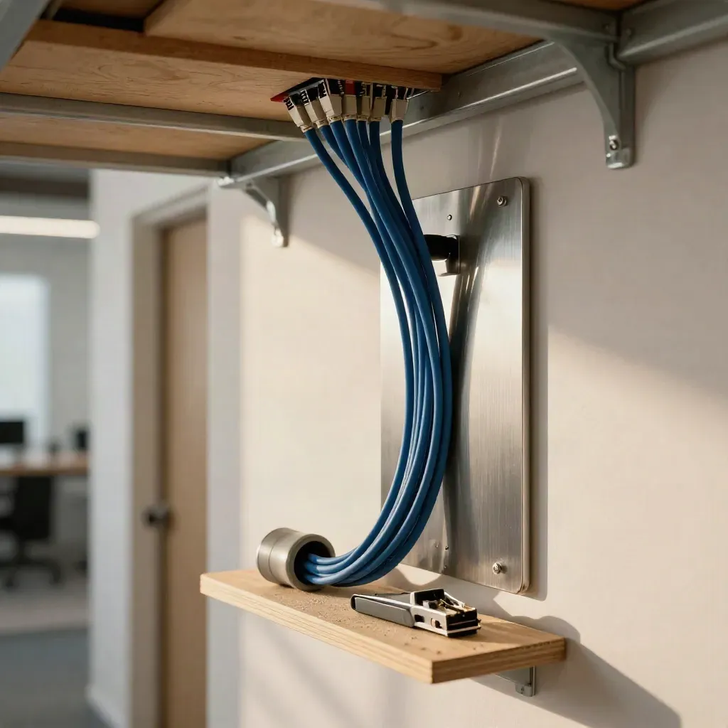 Cat6 cables routed through an unfinished office ceiling to a finished wall plate beside tools and a spare coil