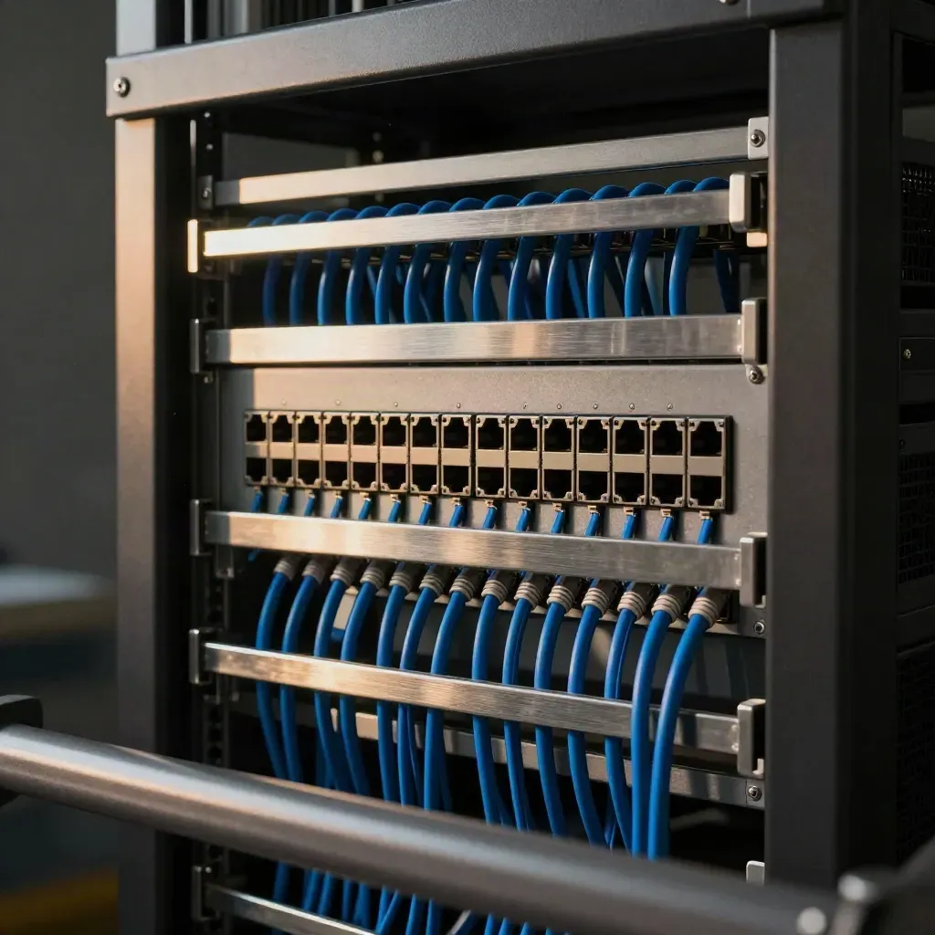 Loaded patch panel in a dark rack with blue patch leads and tidy cable bundles.