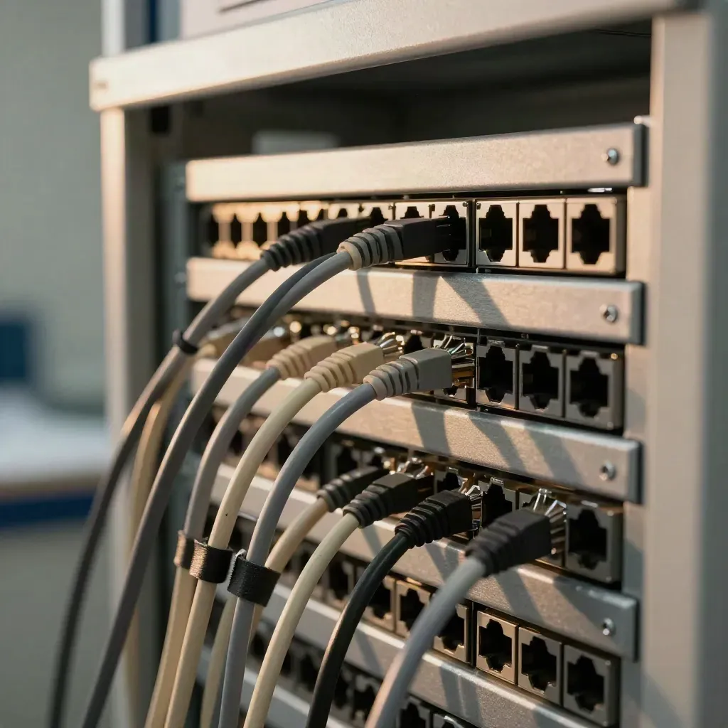 Extreme macro of a neat clinic rack patch field with tidy cords, combed bundles and steel rails