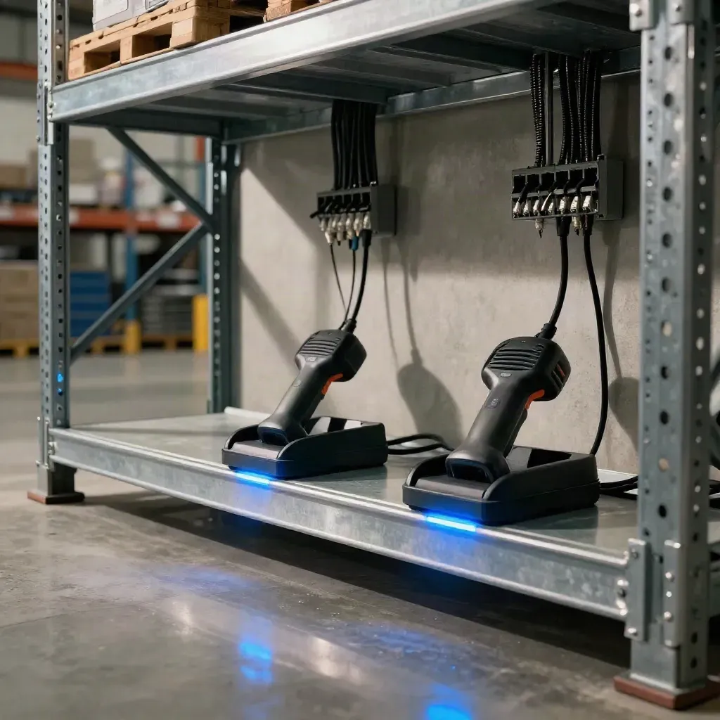 Warehouse scanner stations with glowing docks and overhead cabling in a finished work bay