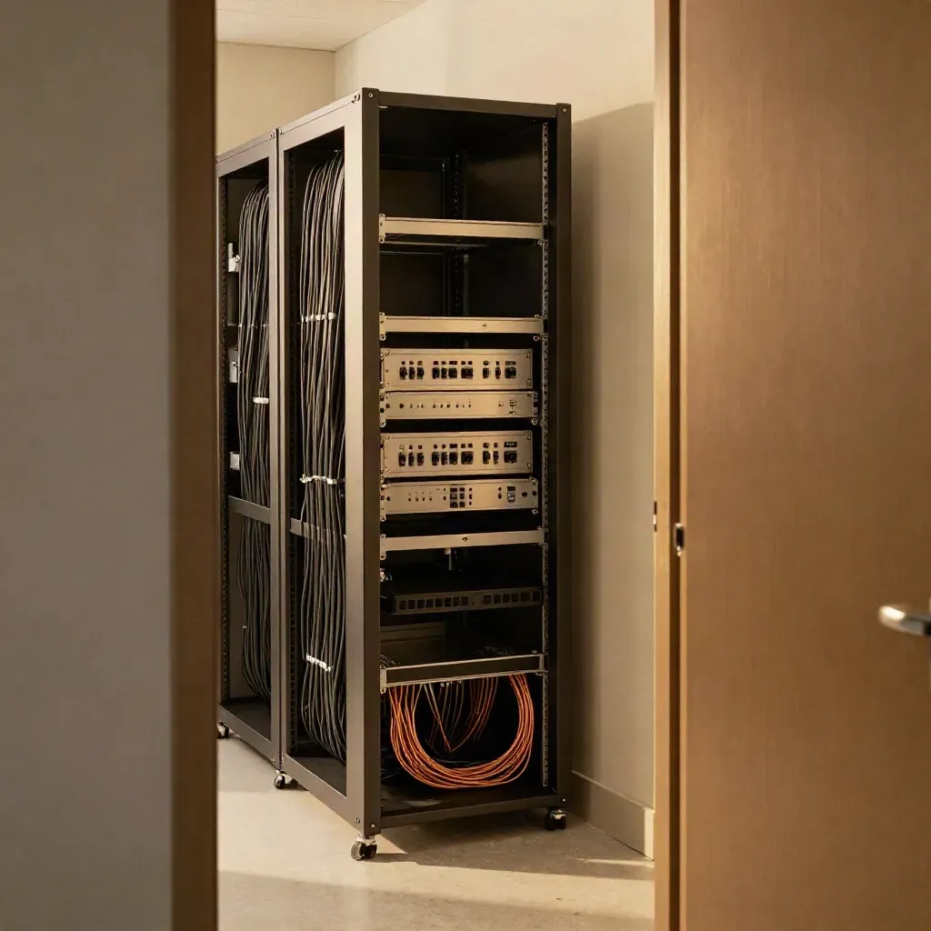 Neat IT closet rack with combed cables and open service aisle, lit warmly from one side.