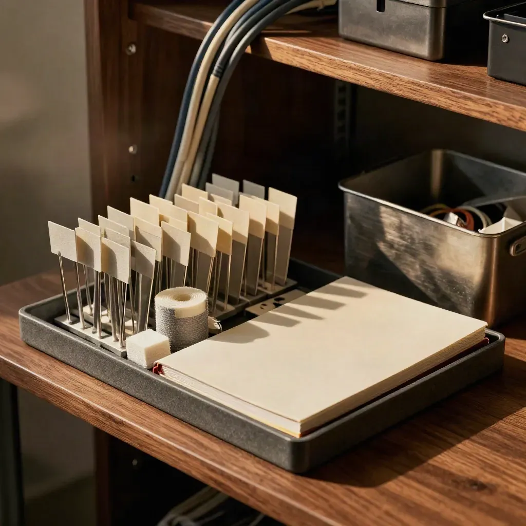 Cable flags, port markers, Velcro wraps, and a blank notebook on a graphite tray in dramatic light.