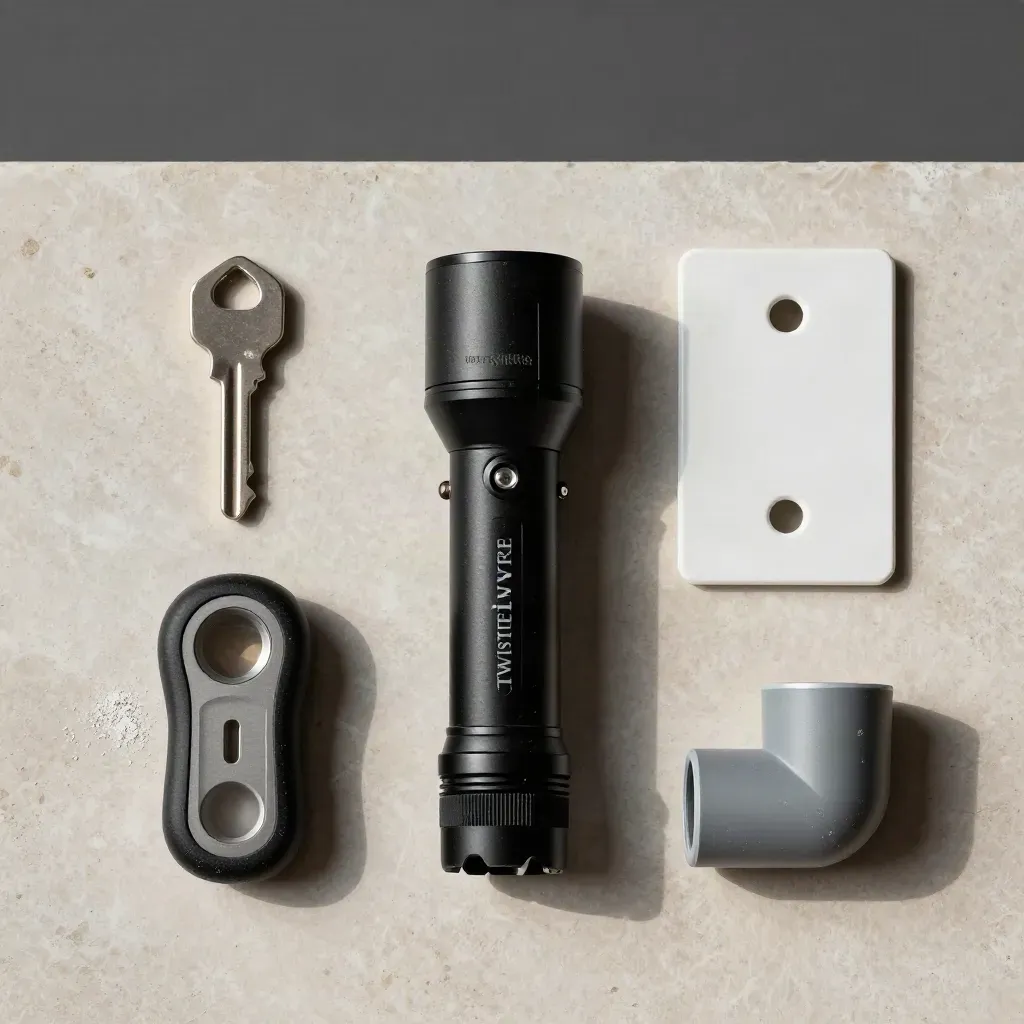 Overhead site-check kit with flashlight, wall plate, stud finder, and conduit elbow on stone.