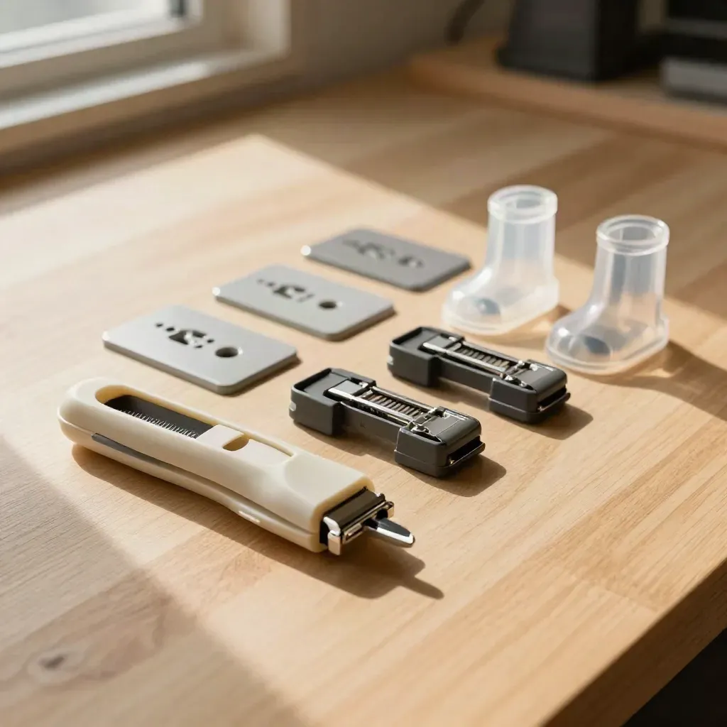 Keystone jacks, wall plates, cable clips and boots arranged in order on a pale oak bench.
