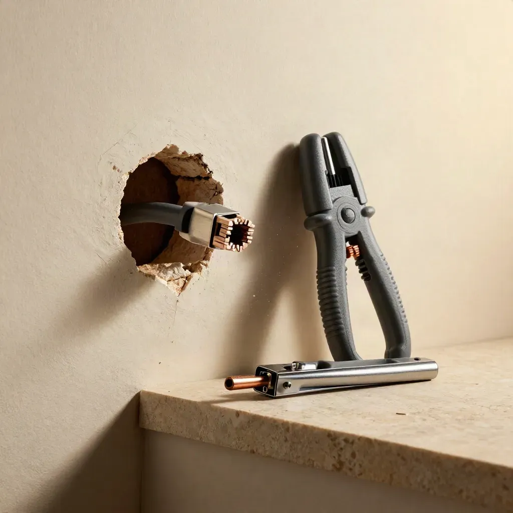 Cat6 cable end at a drywall opening with tester and punch-down tool